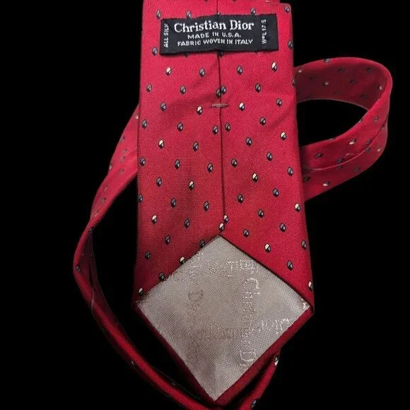 60s Christian Dior Red Silk Necktie Small Gray Pattern 3.25 " Wide Mens Tie - Picture 6 of 6